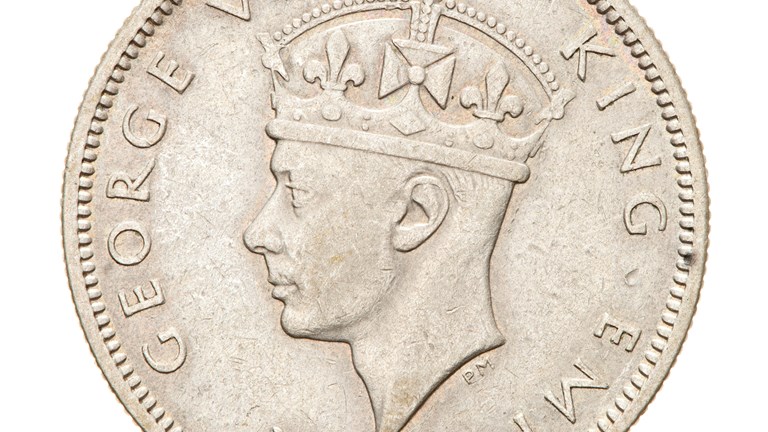 Coin - 1 Shilling, Fiji, 1938: crowned head of the King facing left; around, GEORGE VI KING EMPEROR - Obverse